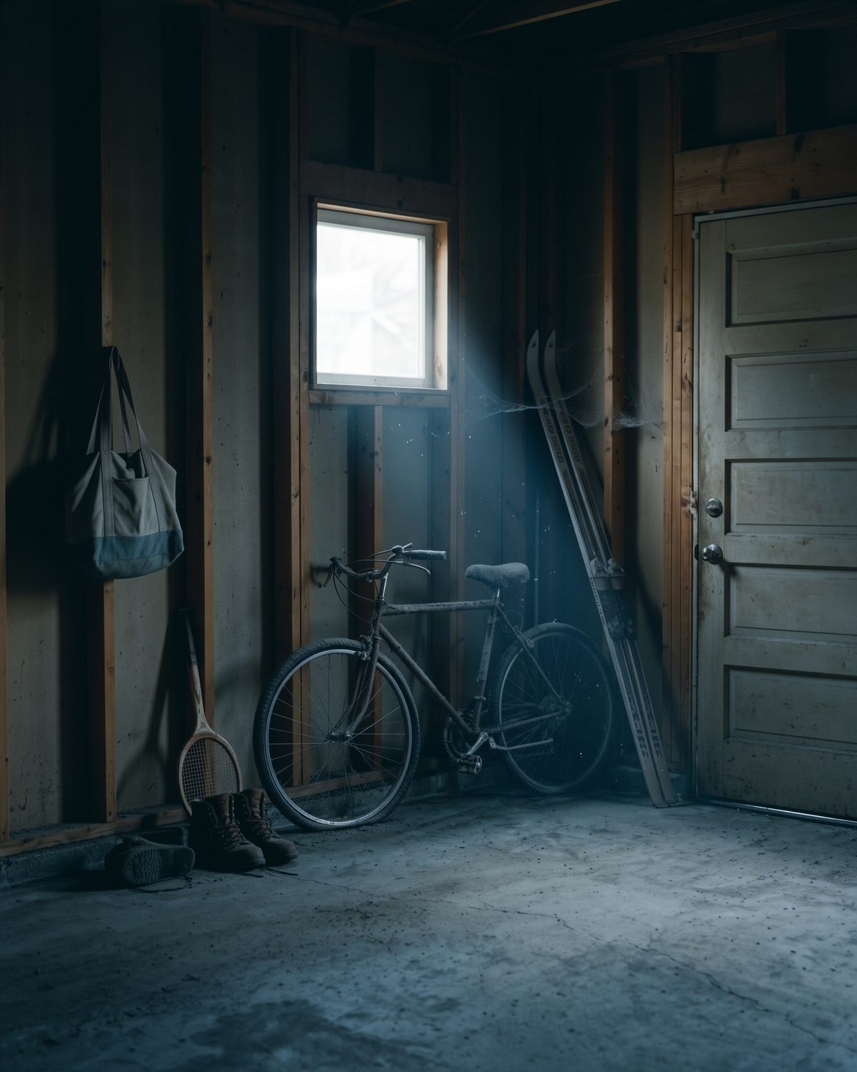 A garage corner in cold light: a dust-covered bicycle, cross-country skis leaning in shadow, boots and a bag untouched for years.