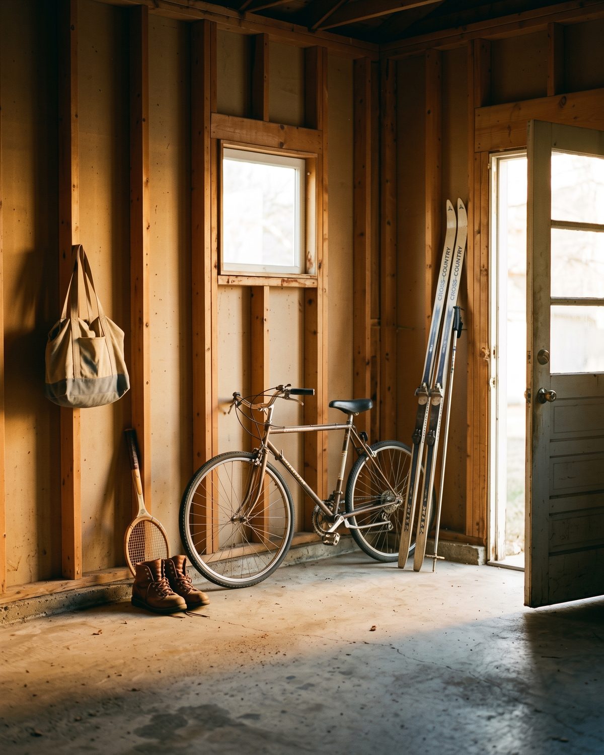 The same garage corner with the side door open and warm daylight pouring in, the skis standing ready and the boots paired by the door.